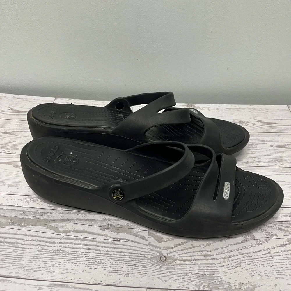 Crocs‎ Patricia Black Multi-Strap Wedge Sandals Womens Size 10 Slip On Shoes